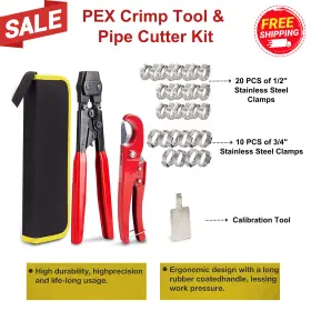 2ftft-3 Kotto 251246 Pex Crimp Tool And Pipe Cutter Kit Astm 2098 30 Pcs Clamps 1/2ftft-3/4ftft With Bag