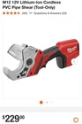Milwaukee M12 12-VOLT Lithium-ion Cordless Pvc Pipe Shear (tool-only) New. Price: $189.00.